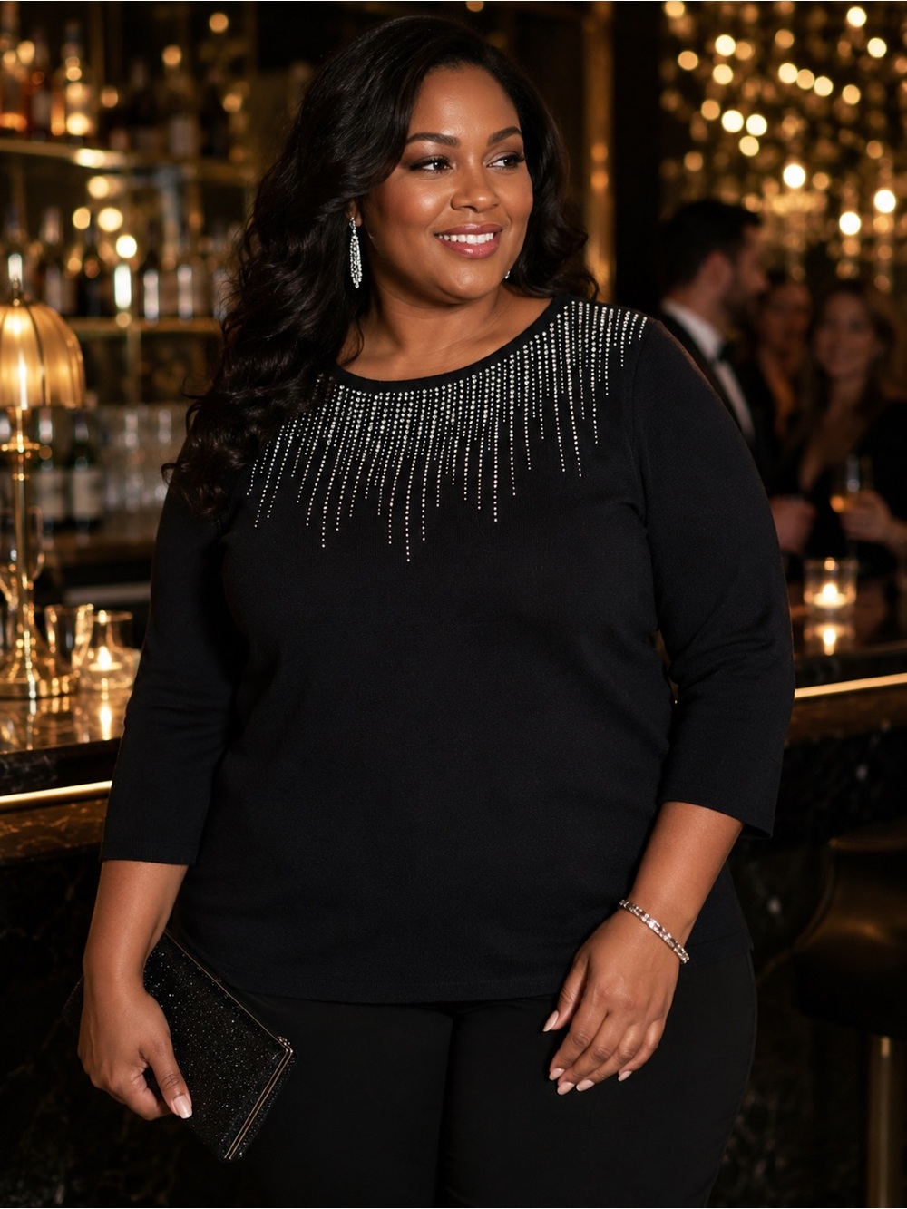 Ruby Rd. Black Scoop Neck Sweatshirt with Rhinestone Fringe